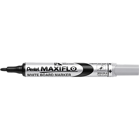 Close-up of a white whiteboard marker. The pen has a black nib and a black pen base. The pen reads Pentel MAXIFLO.