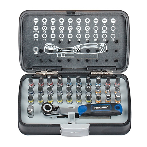 Boîte à outils noire avec embouts, cliquet et inscription PROJAHN.