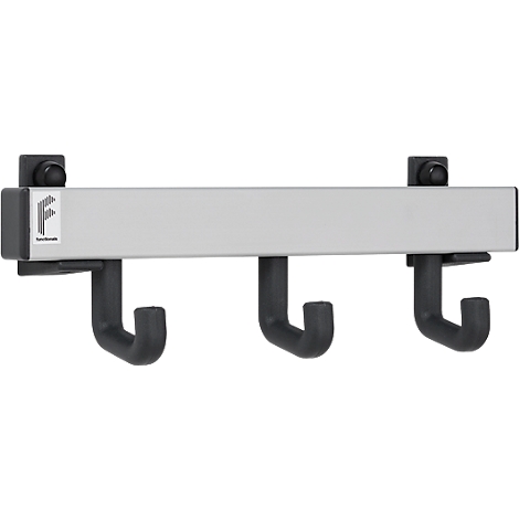 Tira de ganchos de pared con tres ganchos, cuerpo base plateado con ganchos y soportes negros.