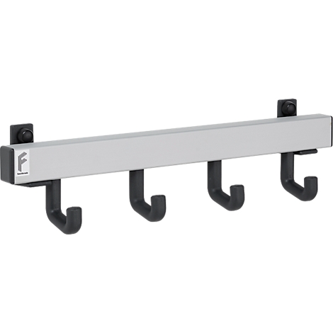 Barra de ganchos de pared con cuatro ganchos negros y un soporte plateado; logo a la izquierda.