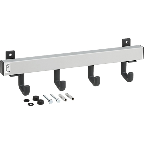 Barra colgante de metal con 4 ganchos negros y accesorios de montaje.