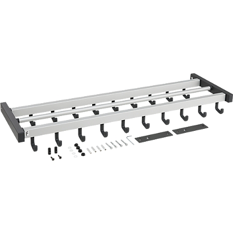 Perchero de pared de metal, con ganchos y accesorios para el montaje.