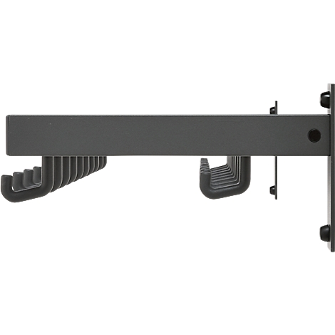 Perchero de corbatas gris con ganchos. El perchero está montado en la pared.