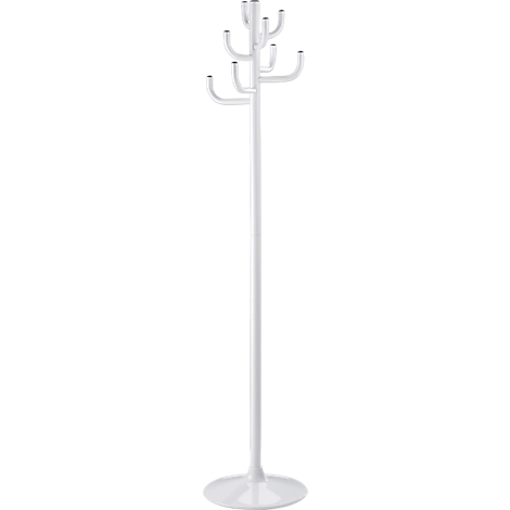 Un perchero minimalista de metal blanco con varios ganchos dispuestos en diferentes niveles.
