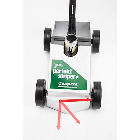 Bovenaanzicht van een wit apparaat met wielen, de "perfekt striper". Rode pijlen geven richtingen aan.