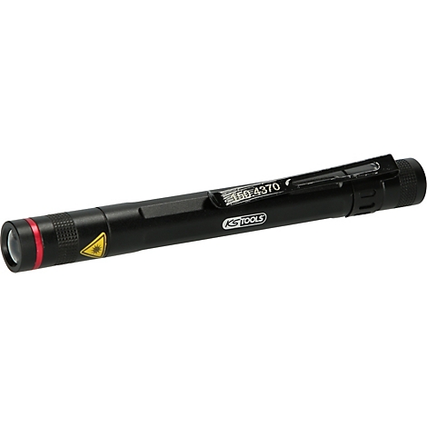 Schwarzer Laserpointer mit rotem Ring, gelbem Laser-Symbol und Aufschrift. KS TOOLS, Artikelnummer 150.4370