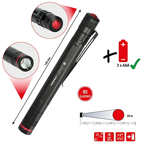 Schwarze LED-Taschenlampe mit roten Akzenten und technischen Angaben. Details zur Länge, Lumen, Reichweite und benötigten Batterien.