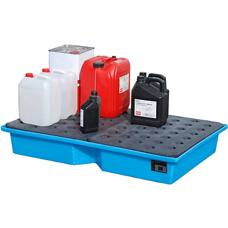 Blue plastic basin with various canisters and containers. Black mat on the basin.