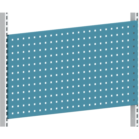 Blue perforated panel attached to a gray mounting. Numerous square holes dot the surface.