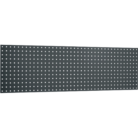 Dark grey metal plate with evenly spaced square holes.