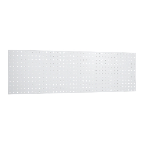 A white pegboard with evenly spaced holes.