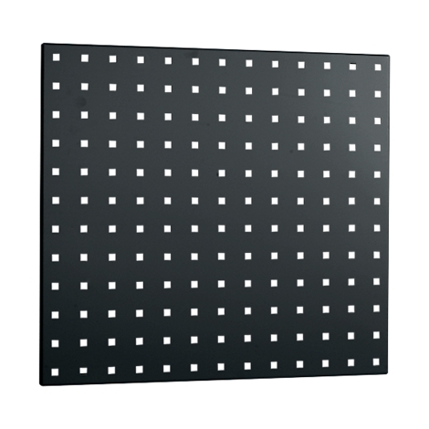 Square, black metal plate with evenly spaced, square cutouts. On a white background.