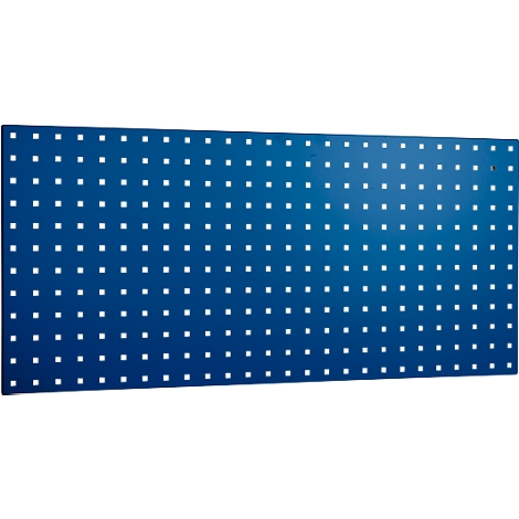 Blue pegboard with square holes. It is rectangular and displayed against a bright background.