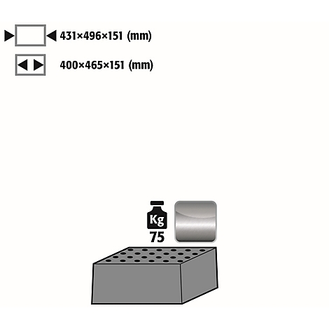 Gray schematic representation of a product with dimensions, weight display and a tabular representation.