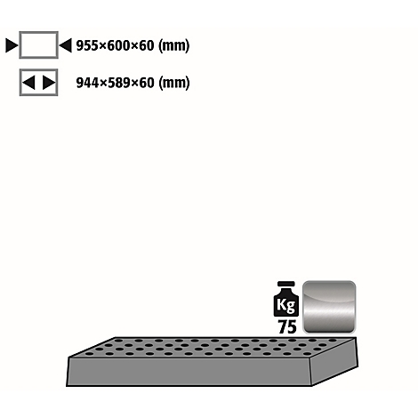 Grey plate with holes, next to it a cube with the indication 75 Kg and size details.
