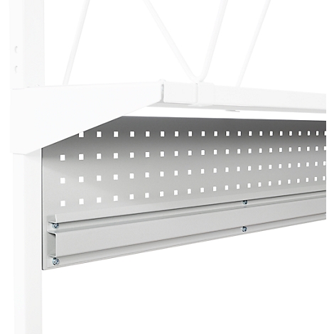 Close-up of a white metal construction with square holes, rails, and screws.