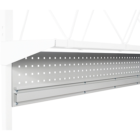 Gray metal plate with holes, under a white construction with cross struts.