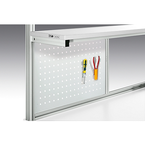 Workbench with pegboard, tools and shelf.