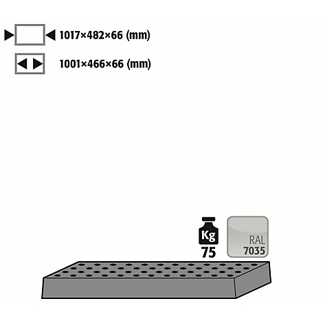 Gray platform with holes, weight indication 75 kg, color code RAL 7035 and dimensions.