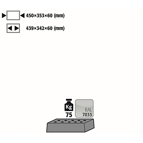 Graphic with dimensions, weight and color code.