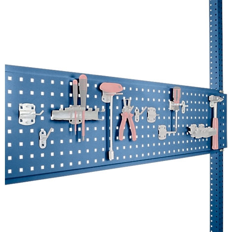 Blue pegboard with tools: screwdrivers, pliers, hammer. Tools are pink.