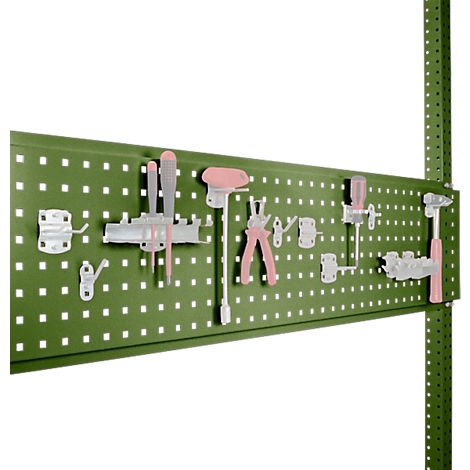 Green pegboard with various tools, such as screwdrivers, pliers, and a hammer. The tools are in light colors.