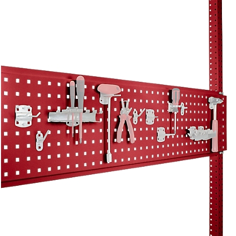 Red pegboard with tools and holders, such as hooks, clamps, pliers, and wrenches.