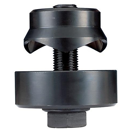 Black tool with threaded screw and nut. Top part conical, bottom part cylindrical.
