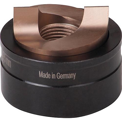 Metalen gereedschap met U-vormige opening en schroefdraad in donker frame. Opschrift "Made in Germany".