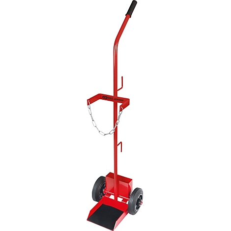 Roter Transportwagen für Gasflaschen mit zwei Rädern, Kette und Griff.