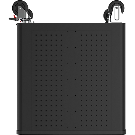 Schwarzer, quaderförmiger Gegenstand mit Rollen an der Oberseite. Die Oberfläche ist mit quadratischen Löchern versehen.