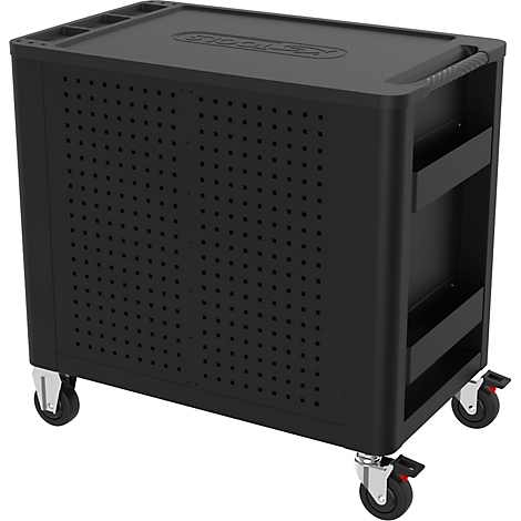 Schwarzer Werkzeugwagen auf Rädern mit Lochmuster und Ablageflächen.