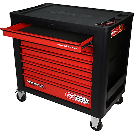 Schwarzer Werkzeugwagen mit roten Schubladen, eine Schublade ist geöffnet. Aufschrift: KS TOOLS, www.kstools.com.