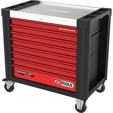 Rote Werkzeugkiste auf Rollen mit schwarzem Rahmen. Auf der Oberseite steht www.ktools.com.