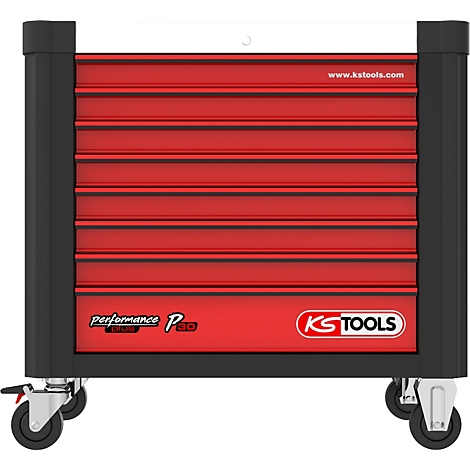 Roter Werkzeugwagen mit Schubladen, Rollen und KS TOOLS Logo.