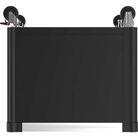 Dunkelgraues Rechteck, mit Rollen an den oberen Ecken. Der Blickwinkel ist leicht von oben.