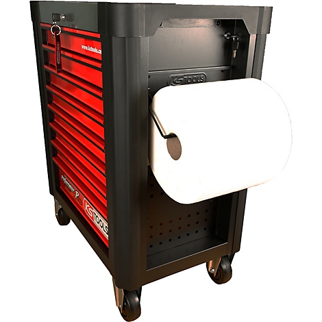 Schwarzer Werkzeugwagen mit roten Schubladen, auf dem ein Küchenrollenhalter befestigt ist. Auf den Schubladen steht "KS TOOLS".