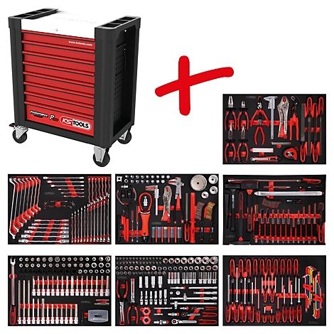 Werkzeugwagen mit Schubladen und Werkzeugsets. Rot-schwarzes Design. Der Werkzeugwagen ist mit dem KS TOOLS-Logo versehen.