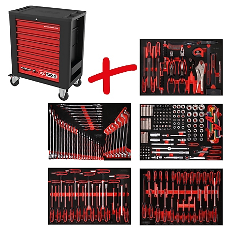 Werkzeugschrank mit Werkzeug-Sets, rotes Kreuz symbolisiert die Kombination der Produkte.