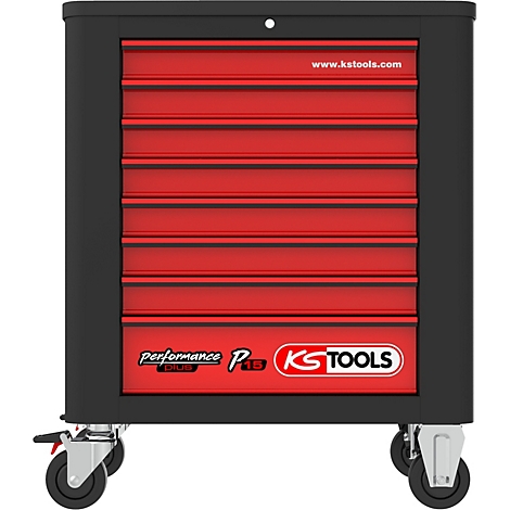 Schwarzer Werkzeugschrank mit roter Front, Rollen und Logos von KStools und Performance Plus.