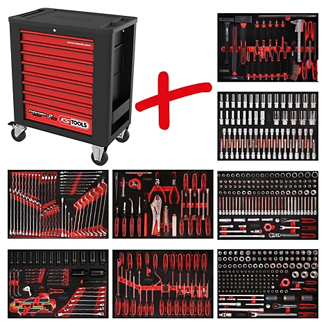 Schwarzer Werkzeugwagen mit roten Schubladen und Werkzeugsets. Rotes Pluszeichen deutet auf die enthaltenen Werkzeuge hin.