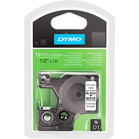 Dymo label tape in packaging. Black and white, 12mm x 5.5m. Dymo logo and product details visible.