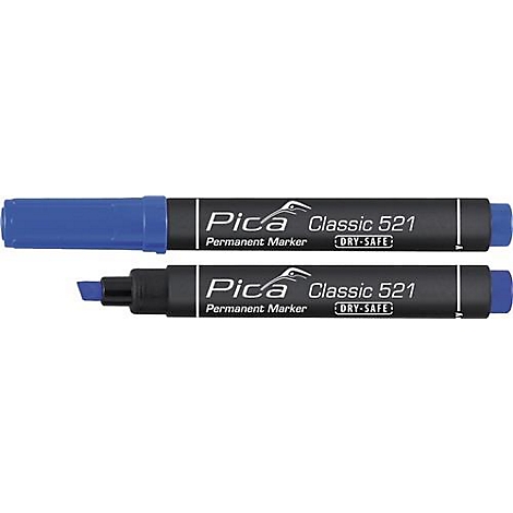 Twee blauwe Pica Classic 521 permanente markers, één met dop, één met open punt.