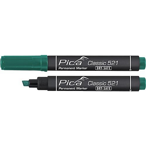 Twee groene permanente markers naast elkaar. Op de zwarte behuizing staat "Pica Classic 521 Permanent Marker DRY-SAFE".