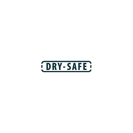 De woorden "DRY-SAFE" in witte letters op een blauwe achtergrond in een afgeronde rechthoek.