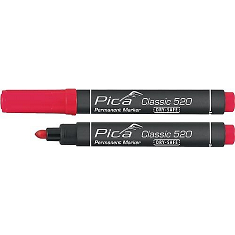Twee rode permanente markers met zwarte behuizing. Gedrukt: Pica Classic 520, Permanent Marker, DRY-SAFE.