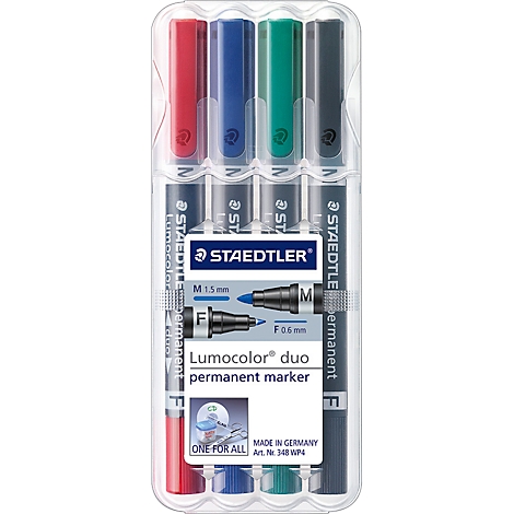 Transparently packaged, multi-colored permanent markers from Staedtler. Red, blue, green and gray pens, lettering "Lumocolor duo".