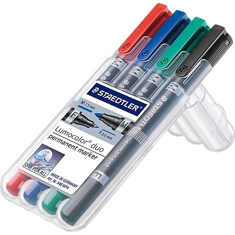 A set of four pens in a clear plastic case. The pens have different colors and the STAEDTLER brand.