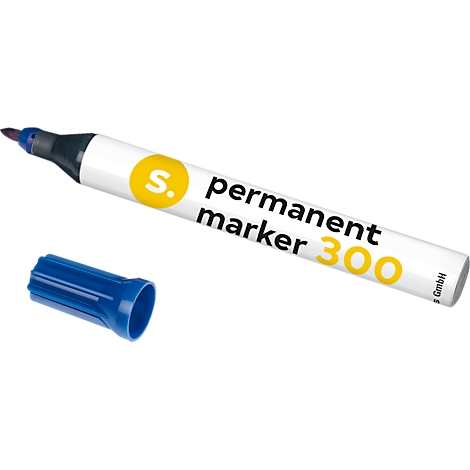 A white permanent marker with a blue cap lies next to it. The marker is labeled with: Permanent marker 300.