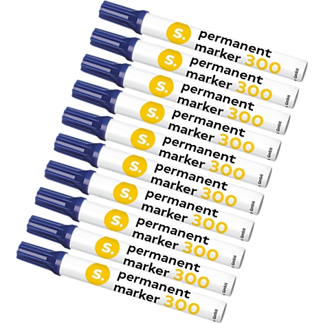 Eleven blue permanent markers with white housings are overlapping on a white surface. The markers read "permanent marker 300".